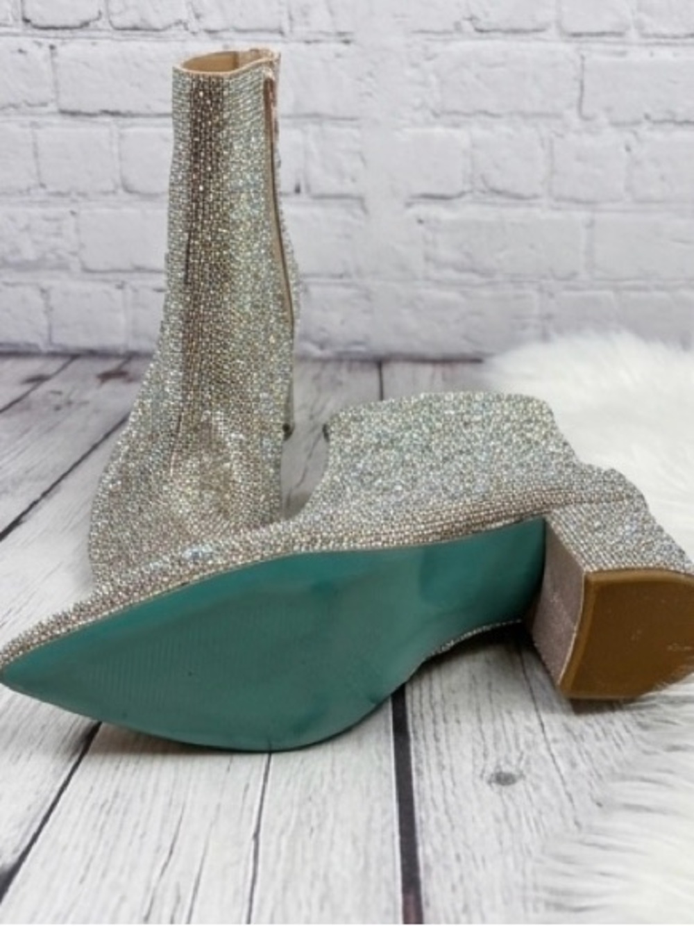 Betsey Johnson Silver Crystal Embellished Pointed Ankle Boots ‘Blue’ - Picture 3 of 9